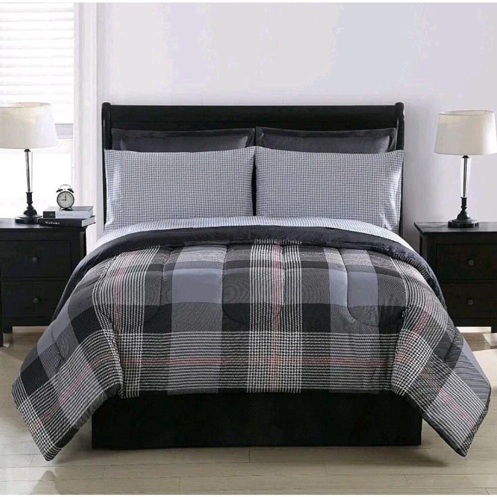 Vtg Sears Colormate Queen 8 Piece Bed In Bag Set YORK Plaid Red Gray Black NEW